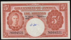 Jamaica 5 Shillings dated 7th April 1955 series 76D 84521, KGVI at left, Pick 37b, EF with penned number front in the white circle