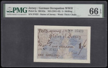 Jersey World War II German Occupation 1 Shilling Pick 2a (BY JE2; Rosenberg ZWK-100e (formerly 656e)) issued in April 1942 and June 1942 ND with the p...