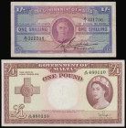 Malta 1 Pound QE II at right signed Shepherd A/24 prefix Pick 24b VF and 1 Shilling George VI facing uniface A/1 321706 Fine