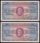 Malta 1 Shilling issued 1943, George VI portrait facing at centre uniface prefix A/1 1st run (2) A/1 001021 and 001023 Pick16,one about EF with a coup...