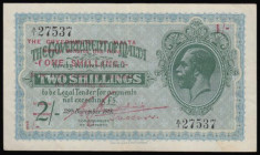 Malta Government 1 shilling on 2 shillings issued 1940 (old date 1918 with George V at right) series A/1 27537, Pick15a, VF