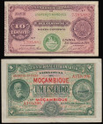Mozambique 1 Escudo dated 1st January 1921, prefix A, Pick 66b, near VF and 10 Centavos 5.11.1914 VF