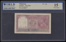 Pakistan Two Rupees 1948 undated Provisional issue, lilac, new plate similar to India Pick 17b, Obverse: Profile portrait of King George VI at right, ...