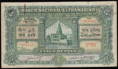 Portuguese India 5 Rupia 11.1.1938, serial number 403415, Pick 31 VF some foxing and a paper clip stain at the top both sides and a thin centimetre le...