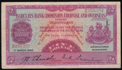 Saint Lucia 5 Dollars 1940 Pick S111a Code Letter L with ISSUED AT St. LUCIA BRANCH overprint in red across Barbados Barclays Bank (Dominion, Colonial...