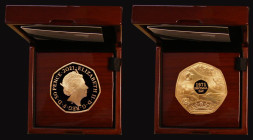 Fifty Pence 2021 50th Anniversary of Decimal Day Gold Proof S.H92 the reverse a clever assemblage combining parts of the designs of the pre-decimal co...