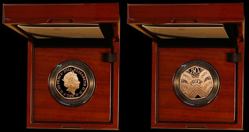 Fifty Pence 2022 50 Years of Pride Gold Proof Piedfort S.H107 nFDC, the obverse ...