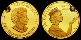Canada 300 Dollars 2012 Queen Elizabeth II Diamond Jubilee .999 Gold Proof with inset diamond, 25mm diameter weighing 22.00 grammes (AGW 0.707oz.) FDC...