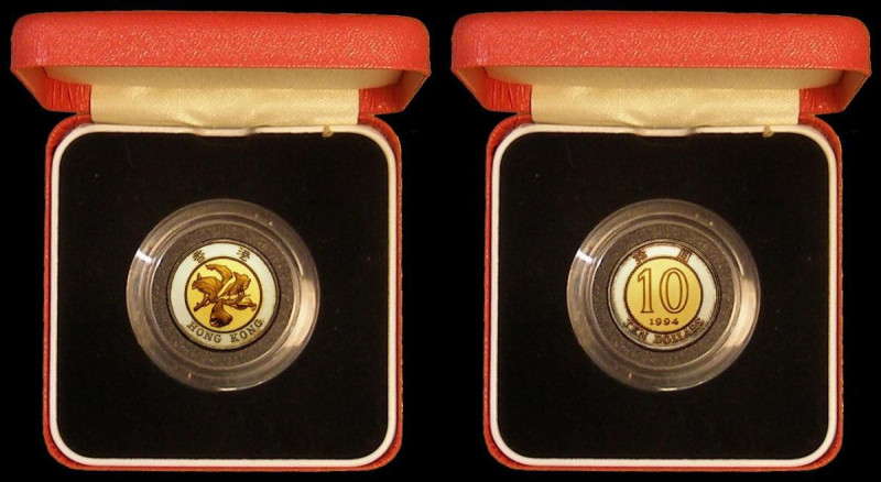 Hong Kong Ten Dollars 1994 Bauhinia Flower Bimetallic Gold/Silver Proof .375 Gol...