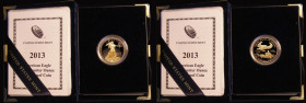 USA Ten Dollar 2013 Gold Eagle Quarter Ounce Gold Proof, a small hint of toning, otherwise FDC in the US Mint box of issue with certificate