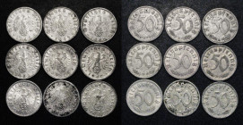 Germany - Third Reich 50 Reichspfennigs, aluminium issues (9) 1940A VF, 1940D Fine with some edge nicks, 1940E Fine, 1940G About Fine with some spots,...