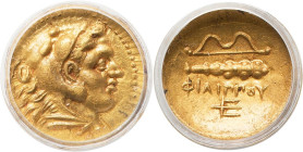MACEDONIAN KINGDOM. Philip II (359-336 BC). AV quarter stater (11mm, 2.12 gm, 12h). ANACS XF 45. Late lifetime-early posthumous issue of Pella, ca. 34...