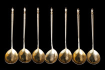 8 small silver spoons. Silver decorated with niello and gilding. Marked 84. 1864 year, Moscow, Russian Empire. Manufacturer mark F.I. He worked in Mos...