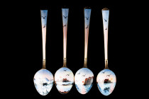 Four teaspoons with nice colored enamel and gilding. Silver 925. Norway. 1930th years. The size 11,5 cm and weight 44 gr.
Good