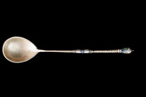 Spoon with colored enamel and gilding. Silver 84. Moscow. Manufacturer mark is not readable. Period of the reign of Nicholas II. The size 13,5 cm and ...