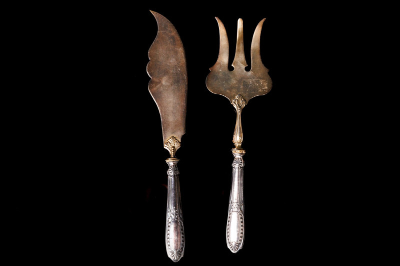 Classic serving set for meat with silver handles, gilding and chiseled decoratio...