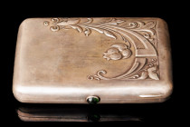 Silver cigarette case 875. Moscow, USSR. 1920-30th. IЮФ - First Jewelry Factory. With green cabochon push button. Gilted interior. The size 10,5x8 cm ...