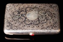 Beautiful cigarette case with niello. Silver 84. The main motive - Russian Troika. Gilding interior. With Red Stone Push Button. Condition is good. Ma...