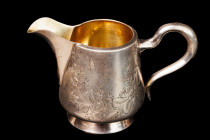 Antique Russian Silver Cream Jug with flowers and butterfies. Silver marked 84. Moscow, Russian Empire. The early beginning of the 20 century. Manufac...