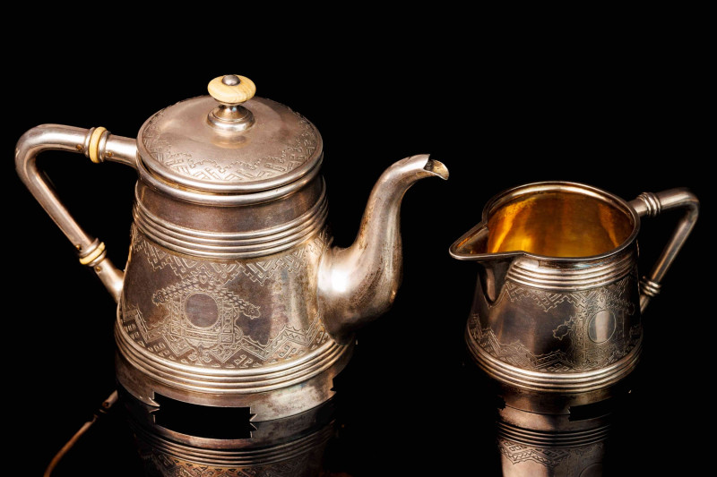 Silver Teapot and Cream Jug. Russian style with chiseled decoration and gilding ...