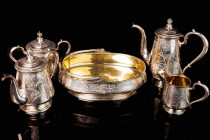 Service includes: sugar bowl, the size 16,5 cm and weight 611 gramm; creamer, the size 10 cm and weight 270 gr.; teapot, the size 22 cm and weight 958...