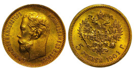 Russian Empire, Emperor Nicholas II (1894 - 1917), 5 roubles, 1901 year, Gold, 4,3 gr, Y#62, Bitkin 28