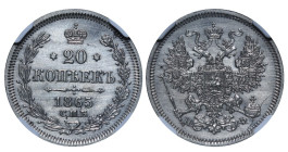 Russian Empire, Emperor Alexander II (1855 - 1881), 20 kopeks, 1865 year, Silver, 4 gr, Y#22.2, CNB HO, Bitkin 178, NGC
UNC Details Harshly Cleaned