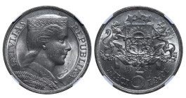 Latvia, President Alberts Kveisis (1930 - 1936), 5 lati, 1931, Silver, 25 gr, KM#9, NGC
MS 63