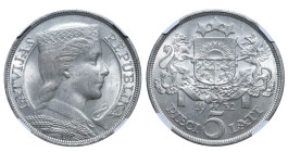 Latvia, President Alberts Kveisis (1930 - 1936), 5 lati, 1932, Silver, 25 gr, KM#9, NGC
MS 63