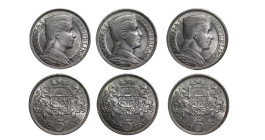 Latvia, President Gustavs Zemgals (1927 - 1930), 5 lati, 1929 year, Silver, 25 gr, KM#9; President Alberts Kveisis (1930 - 1936), 5 lati, 1932, 1931, ...