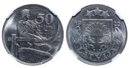 Latvia, President Janis Chakste (1918 - 1927), 50 santimu, 1922 year, Nickel, 6,5 gr, KM#6, NGC
MS 63