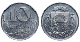 Latvia, President Janis Chakste (1918 - 1927), 10 santimu, 1922 year, Nickel, 3 gr, KM#4, NGC
MS 62