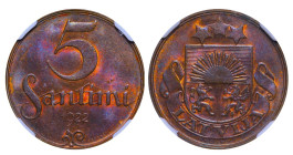 Latvia, President Janis Chakste (1918 - 1927), 5 santimi, 1922 year, Bronze, 3 gr, KM#3, NGC
MS 63 BN