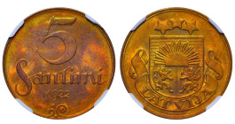 Latvia, President Janis Chakste (1918 - 1927), 5 santimi, 1922 year, Bronze, 3 gr, KM#3, NGC
MS 63 RB