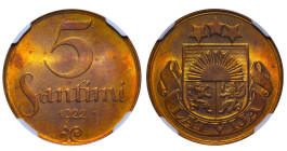 Latvia, President Janis Chakste (1918 - 1927), 5 santimi, 1922 year, Bronze, 3 gr, KM#3, NGC
MS 64 RB