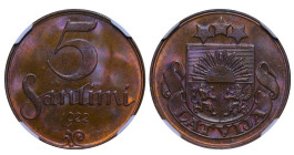 Latvia, President Janis Chakste (1918 - 1927), 5 santimi, 1922 year, Bronze, 3 gr, KM#3, NGC
MS 64 BN
