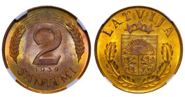Latvia, President Karlis Ulmanis (1934 - 1940), 2 santimi, 1939 year, Bronze, 2 gr, KM#11, NGC
MS 64 RB