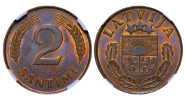 Latvia, President Karlis Ulmanis (1934 - 1940), 2 santimi, 1939 year, Bronze, 2 gr, KM#11, NGC
MS 64 BN