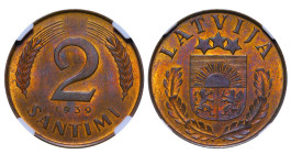 Latvia, President Karlis Ulmanis (1934 - 1940), 2 santimi, 1939 year, Bronze, 2 gr, KM#11, NGC
MS 63 RB