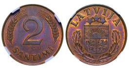 Latvia, President Karlis Ulmanis (1934 - 1940), 2 santimi, 1939 year, Bronze, 2 gr, KM#11, NGC
MS 63 BN