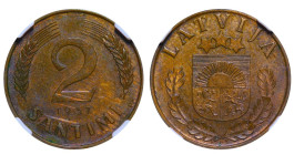 Latvia, President Karlis Ulmanis (1934 - 1940), 2 santimi, 1937 year, Bronze, 2 gr, KM#11, NGC
MS 62 BN
