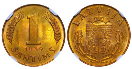 Latvia, President Karlis Ulmanis (1934 - 1940), 1 santims, 1939 year, Bronze, 1,8 gr, KM#10, NGC
MS 64 RB