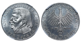 Germany, Chancellor Ludwig Erhard (1963 - 1966), 5 Marks, 1964 year, Silver, 11.2 gr, KM#118, 150th Anniversary - Death of Gottlieb Fichte, NGC
UNC D...
