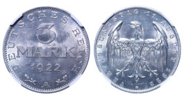 Germany, Weimar Republic, Friedrich Eber (1919-1925), 3 marks, 1922 year, Aluminium, 2 gr, KM#28, Legend around egle, NGC
MS 63