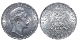 Germany, Kingdom of Prussia, King William II (1888 - 1918), 3 marks, 1909 year, Silver, 16,66 gr, KM#527, NGC
AU 58