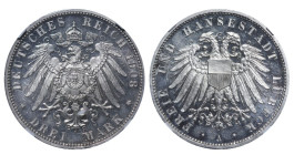 Germany, Free Hanseatic city of Lübeck, 3 marks, 1908 year, Silver, 16,67 gr, KM#215, NGC
PF 65