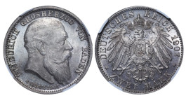 Germany, Grand Duchy of Baden, King Frederick I (1856 - 1907), 2 marks, 1907 year, Silver, 11,11 gr, KM#278, Death of Friedrich I, NGC
MS 64