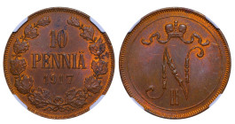 Finland, Emperor Nicholas II (1894 - 1917), 10 pennia, 1917 year, Copper, 1,28 gr, KM#13, Bitkin 440, NGC
MS 63 BN, Grand Duchy