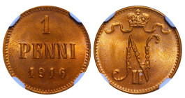 Finland, Emperor Nicholas II (1894 - 1917), 1 penny, 1916 year, Copper, 1,28 gr, KM#13, Bitkin 476, NGC
MS 65 RD