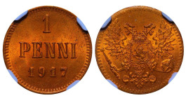 Finland, Emperor Nicholas II (1894 - 1917), 1 penny, 1917 year, Copper, 1,28 gr, KM#16, Bitkin GSF5, NGC
MS 65 RD